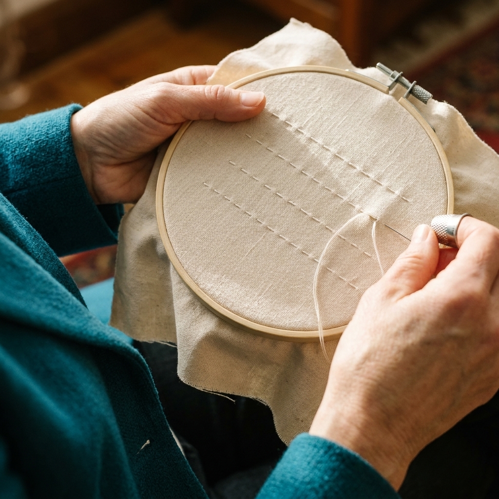 A close-up photograph of running stitch practice lines on light cotton fabric inside an embroidery hoop, showing evenly spaced dashed stitches