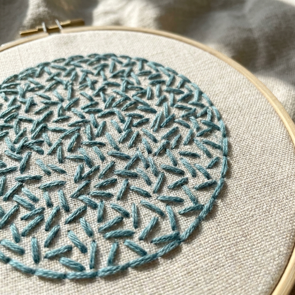 A close-up photograph of seed stitch filling a circular shape on linen, showing scattered short stitches at varied angles