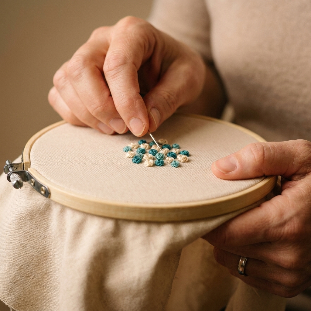 A close-up photograph of several French knots stitched in a small cluster on light fabric in an embroidery hoop, showing neat raised dots