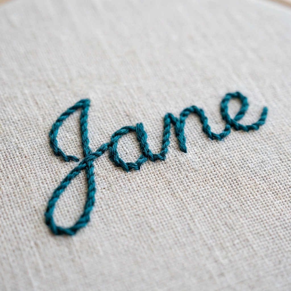 A close-up photograph of small stitched cursive lettering made with split stitch on pale linen, showing neat tight curves and even line thickness