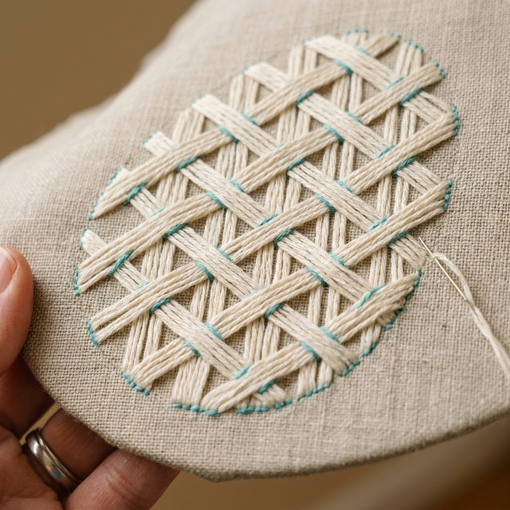 A close-up photograph of trellis couching fill inside a large shape on fabric, showing a crisscross lattice anchored by tiny couching stitches