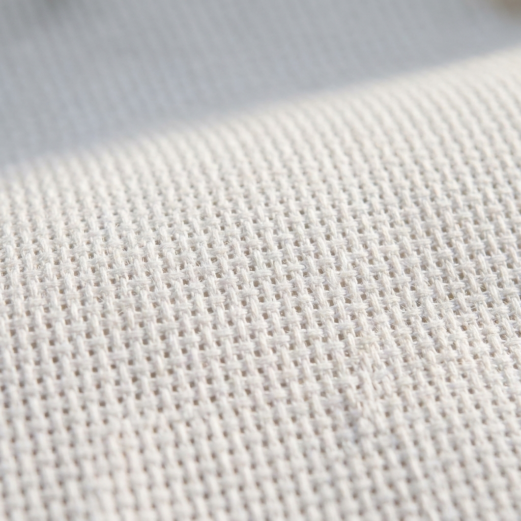 A close-up photograph of white Aida cloth showing its evenly spaced holes and visible grid-like weave under soft natural light
