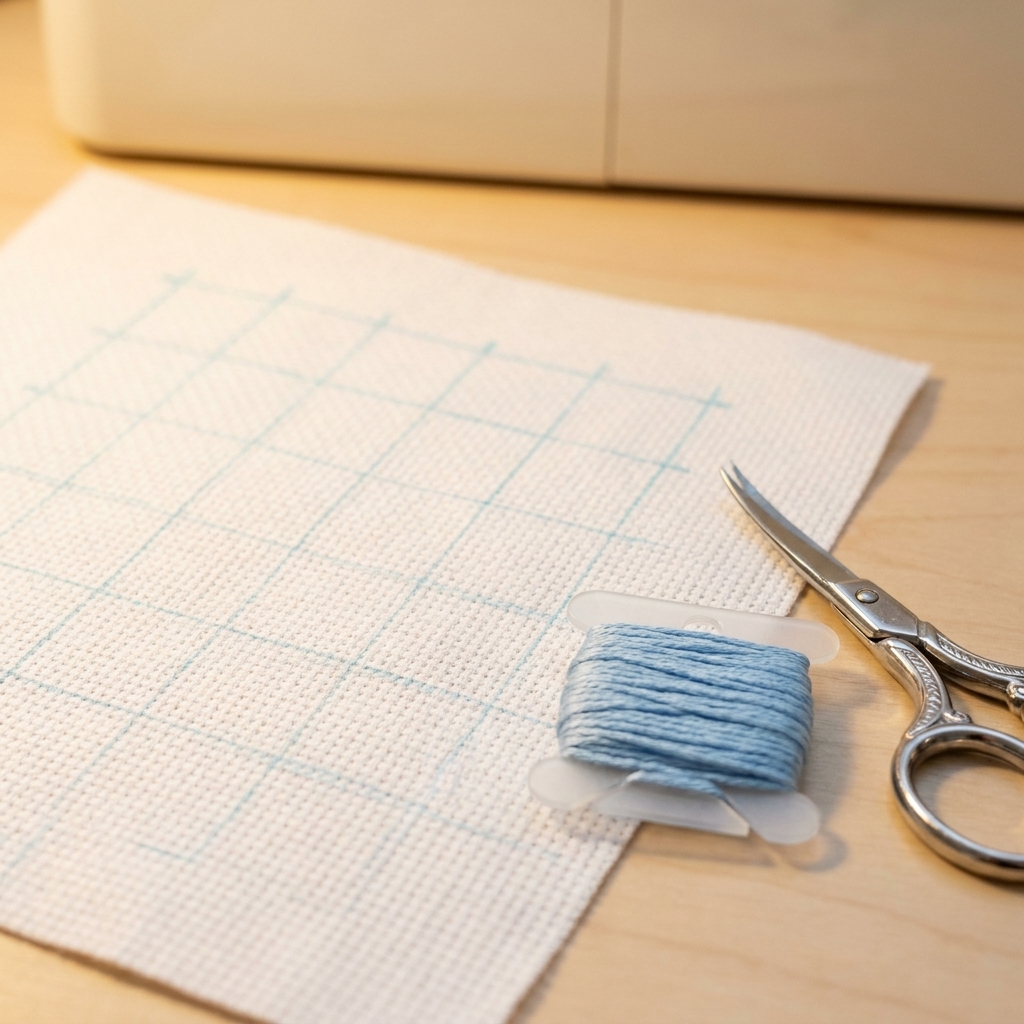 A close-up photograph of white Aida cloth with a pale blue grid line drawn across the squares, next to a floss bobbin and small embroidery scissors