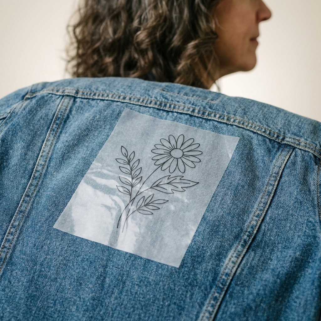 A close view of a denim jacket back panel with a water-soluble stick-on stabilizer sheet applied, showing a simple floral outline ready to stitch