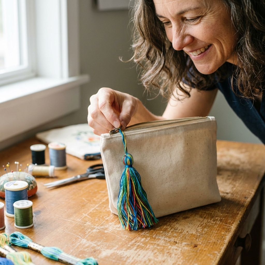 A colorful embroidery floss tassel attached to a zipper pull on a small canvas project pouch resting on a craft table