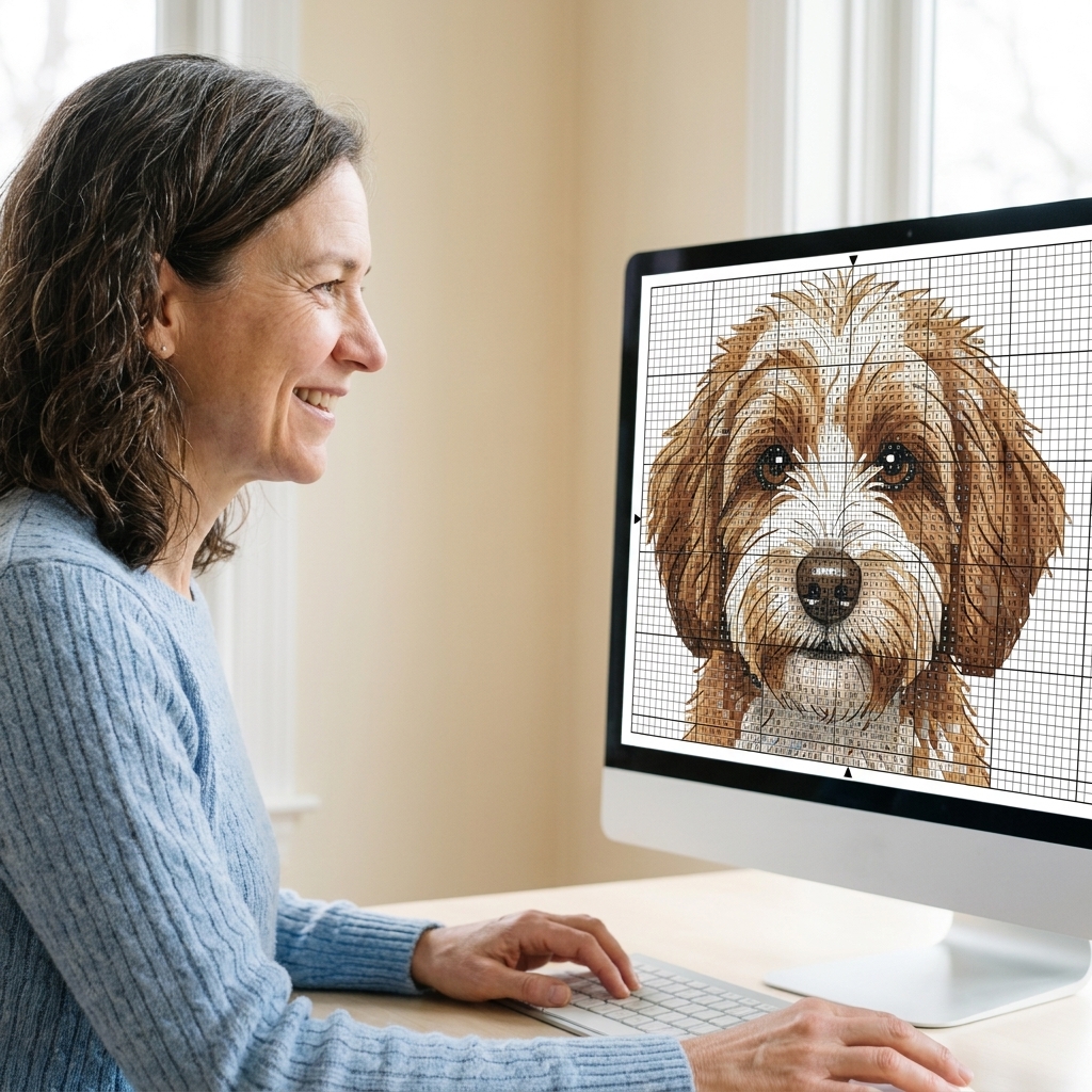 A computer monitor showing a zoomed-in cross stitch pattern preview of a pet face with colored squares and grid lines