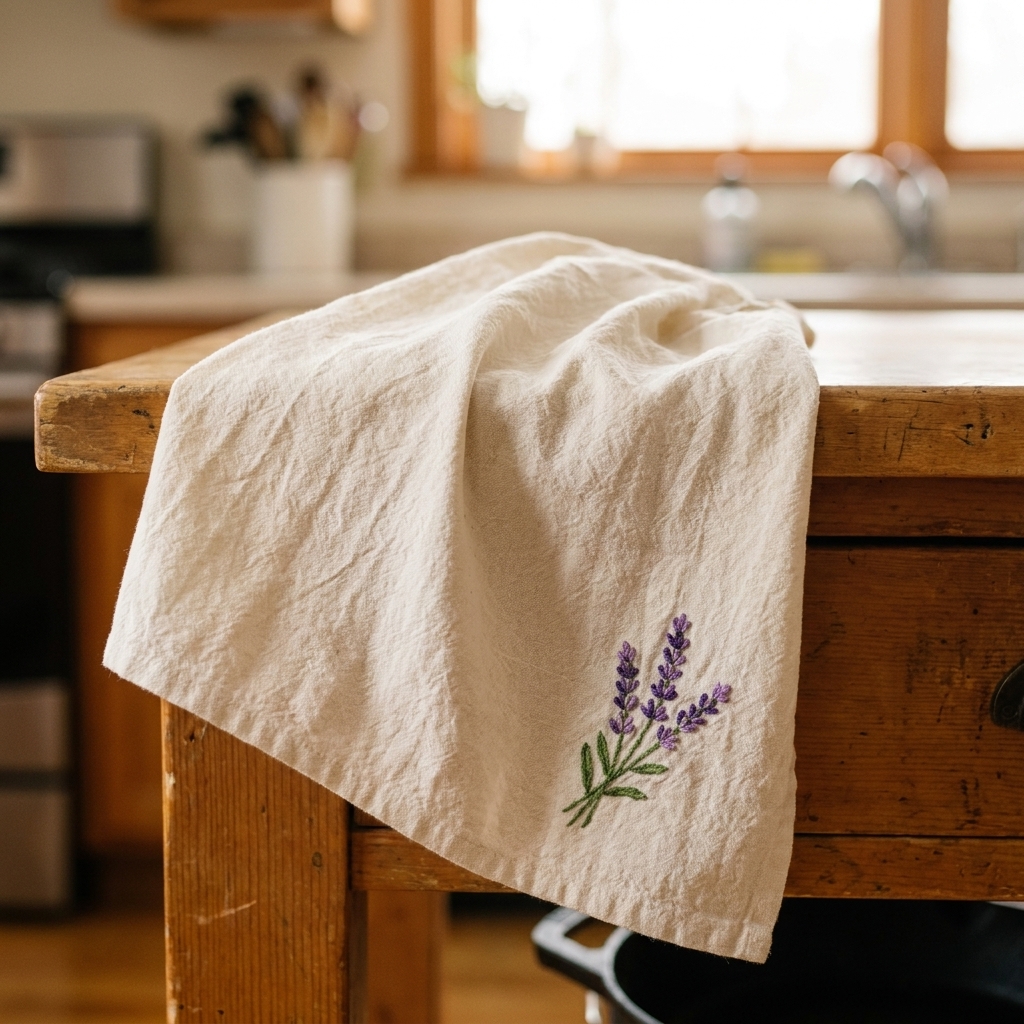 A cotton tea towel with a small hand-embroidered motif stitched in one corner, draped over a kitchen counter