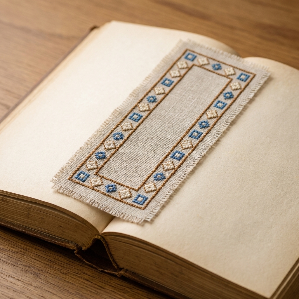 A cross stitch bookmark with a simple geometric border pattern on light fabric, placed inside an open book