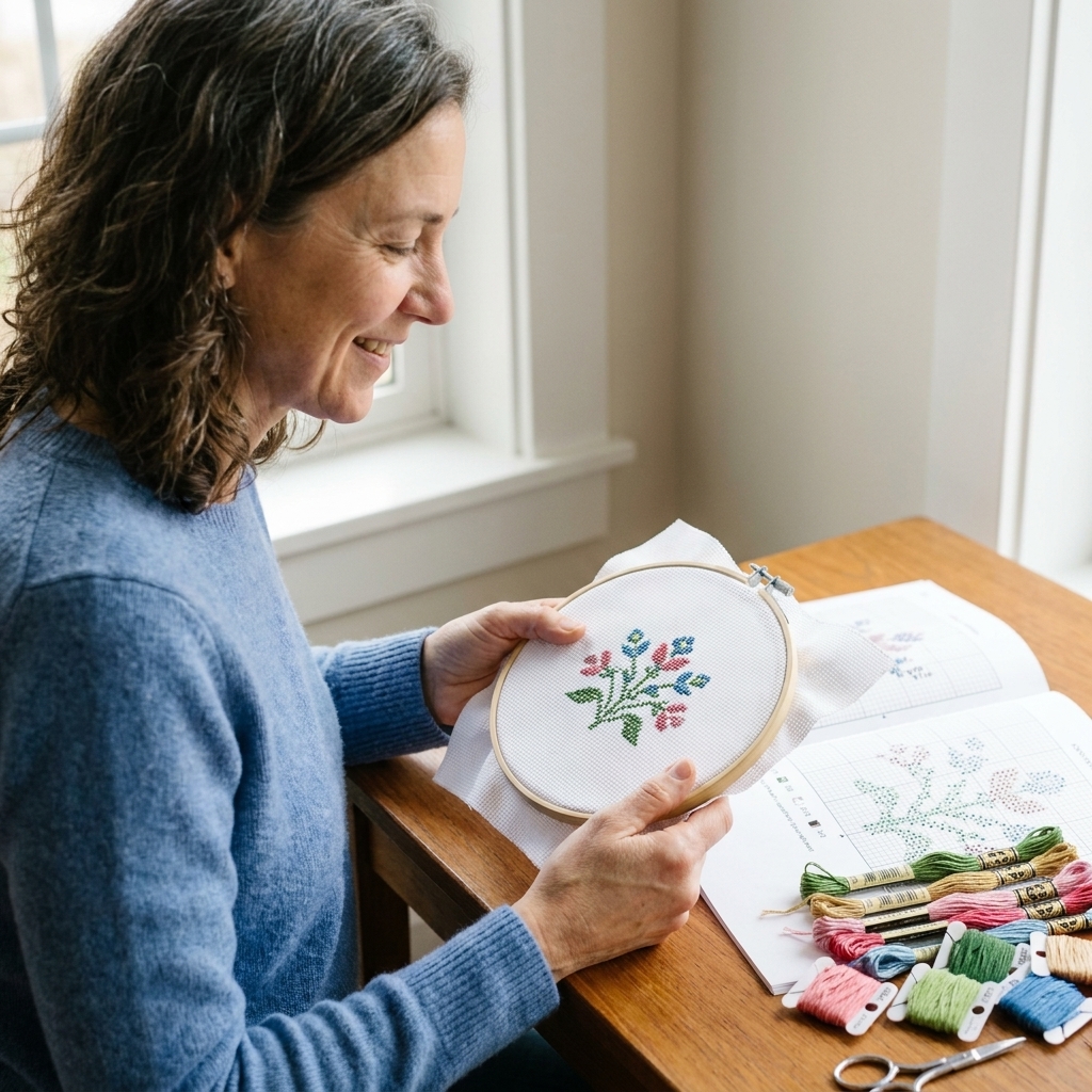 A cross stitch project in a hoop on white Aida cloth with neat X stitches forming a small pattern, a paper chart and floss bobbins on the table