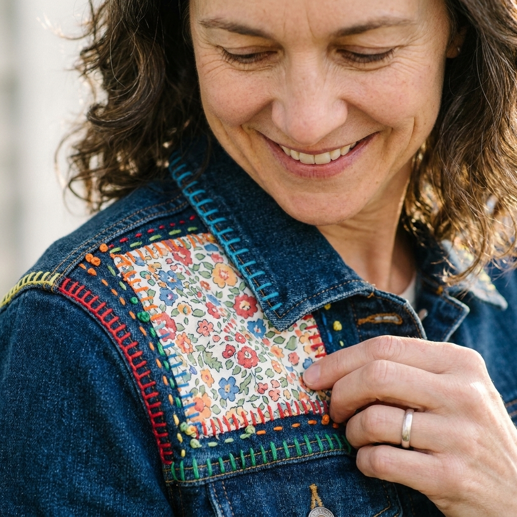 A fabric patch sewn onto denim with colorful hand embroidery stitches decorating the seam lines in a playful, mismatched style