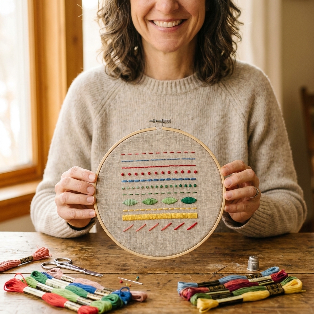 A fabric sampler in an embroidery hoop showing a few basic stitches in different colors, with floss skeins scattered on a cozy craft table