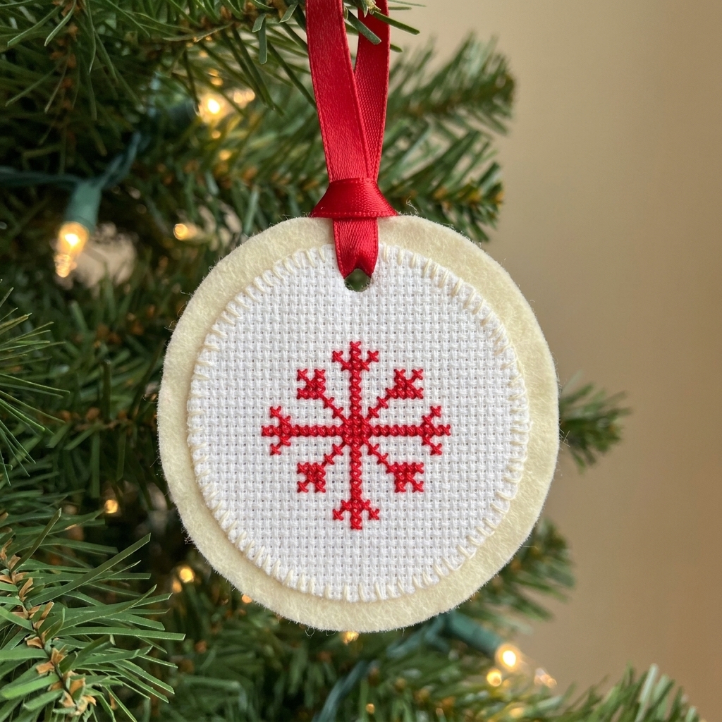 A finished cross stitch ornament shaped like a small circle with a simple motif, backed with felt and hanging from a satin ribbon