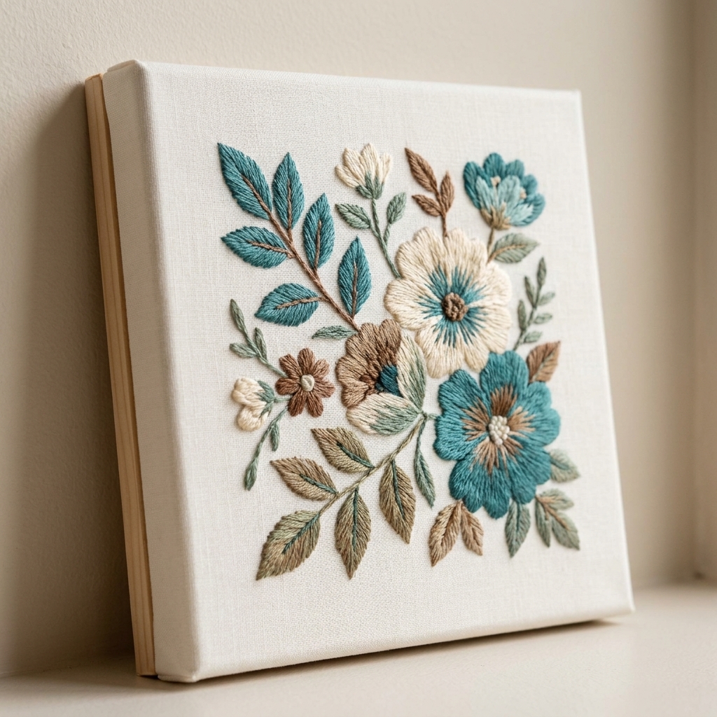 A finished embroidery design wrapped tightly around a stretched artist canvas, with clean corners and smooth fabric on the front