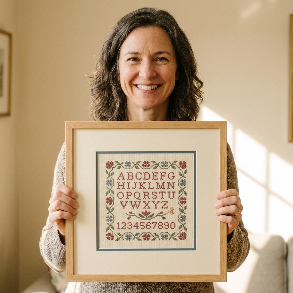 A framed cross stitch sampler centered with a wide cream mat inside a simple wooden frame