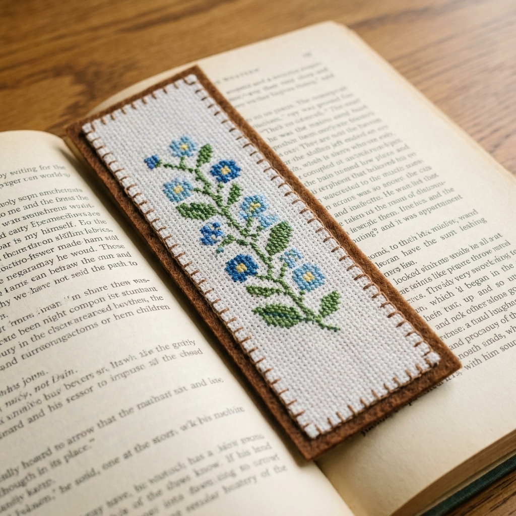 A handmade cross stitch bookmark with a simple motif, neatly backed with felt and finished edges, placed inside an open book