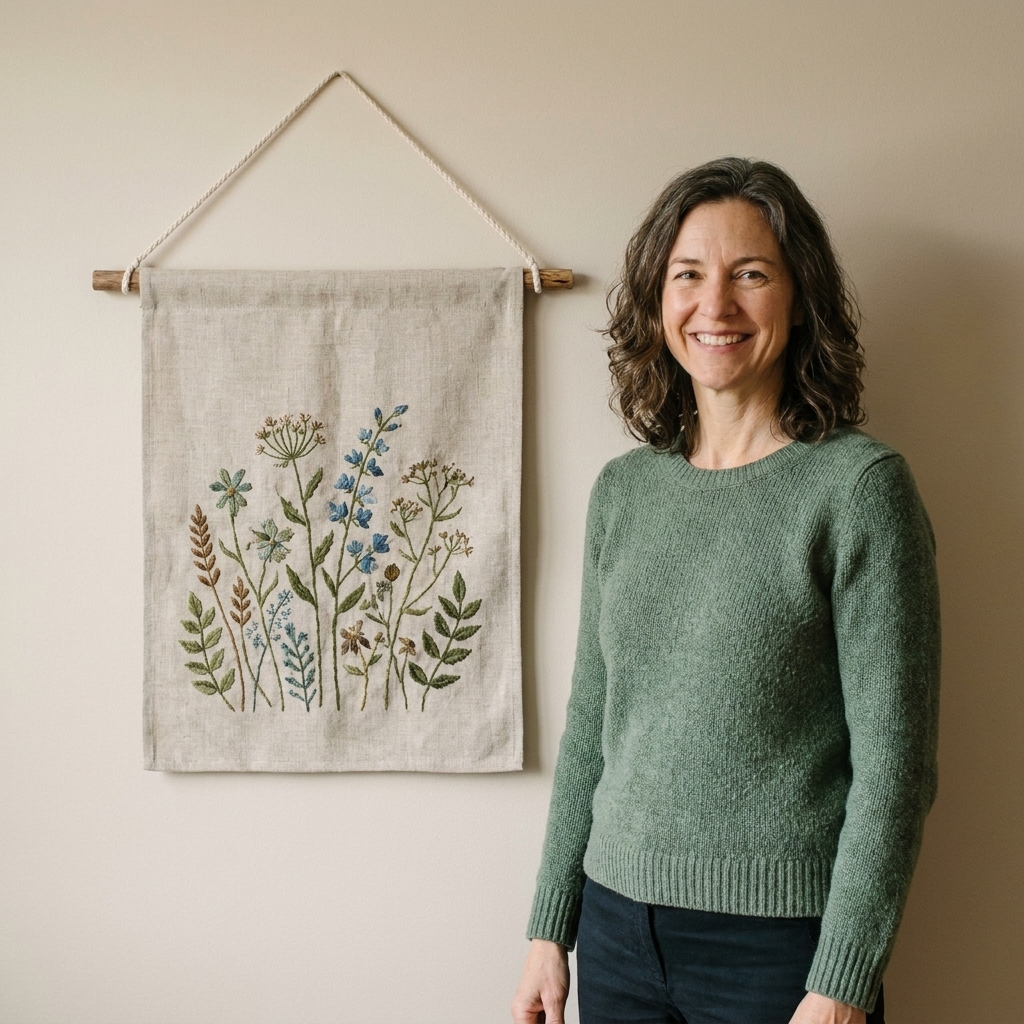 A linen embroidery wall banner hanging from a wooden dowel with cotton twine, displayed against a neutral wall