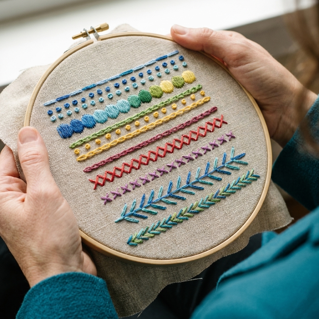 A linen fabric piece filled with neat rows of different hand embroidery stitches in many colors, held taut in a hoop