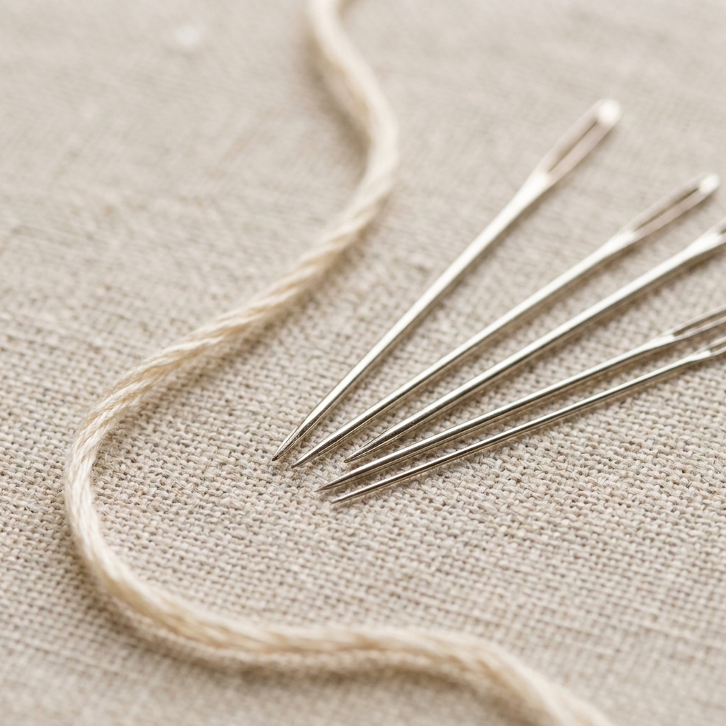 A macro photograph of several fine embroidery needles and a single strand of cotton floss laid on neutral linen under bright light