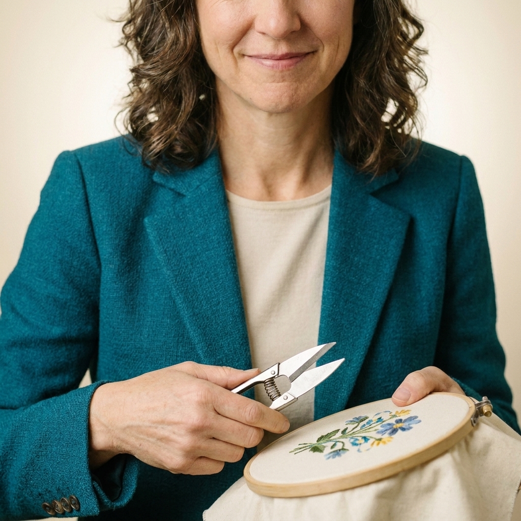 A pair of metal spring thread snips held in one hand above an embroidery hoop with a partially stitched floral motif