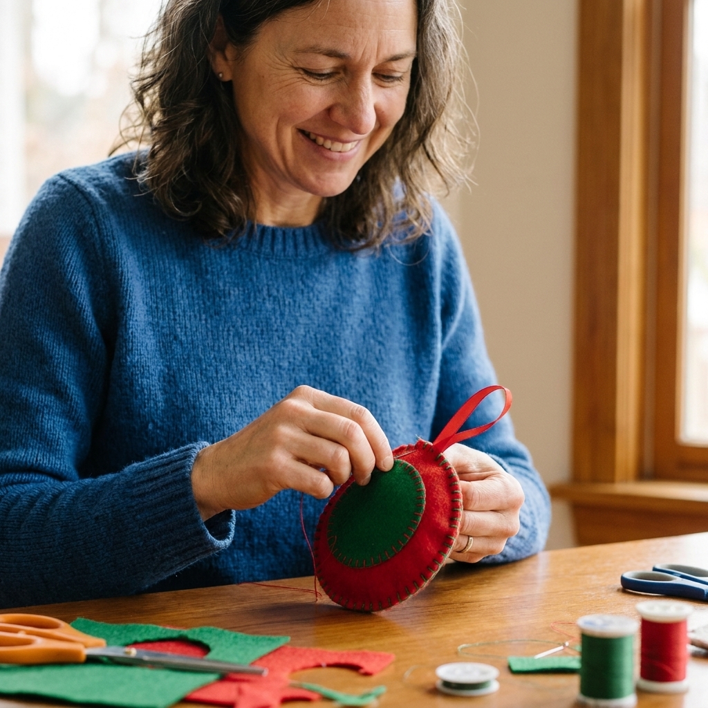 A partially sewn felt ornament with visible blanket stitches around the edge and a ribbon loop tucked at the top, shown mid-process on a table