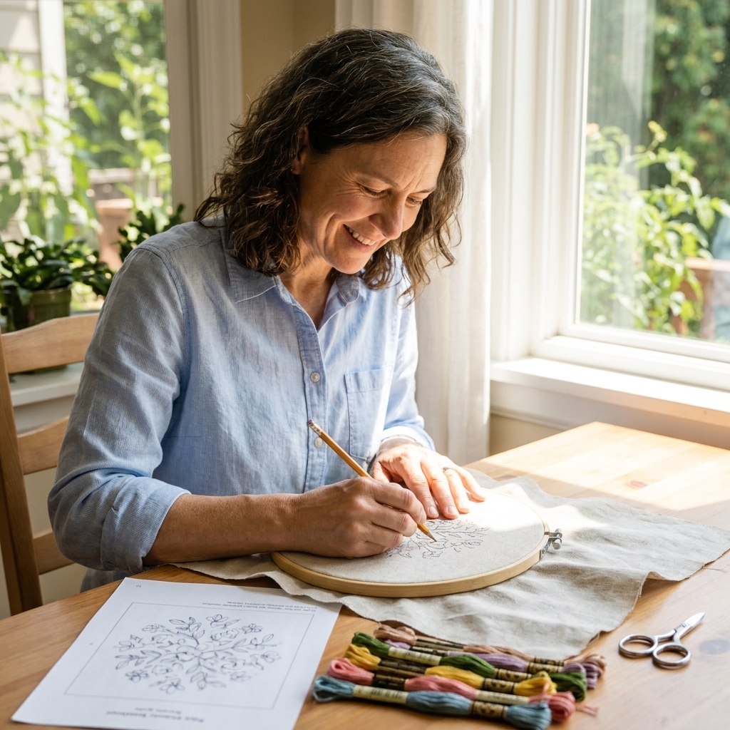 A person tracing a printed embroidery pattern onto light fabric in an embroidery hoop near a sunny window, with a pencil, floss, and small scissors on the table
