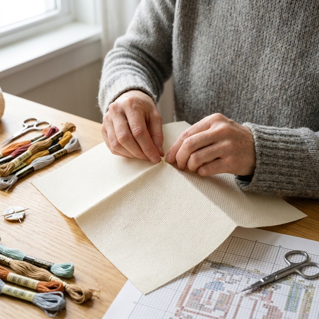 A photo of Aida cloth folded into quarters with the center point pinched between fingers on a crafting table