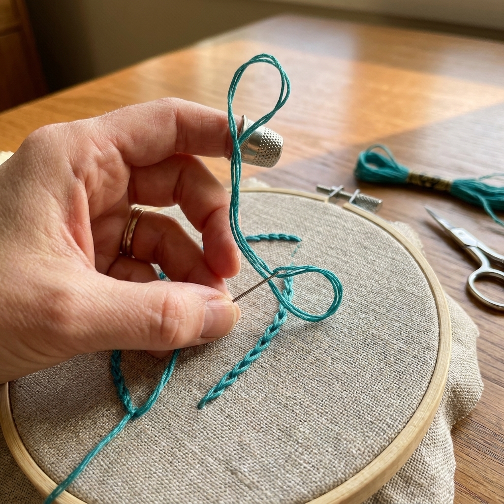 A photograph of a hand holding a needle above fabric, with embroidery floss forming a loose loop ready to create a chain stitch