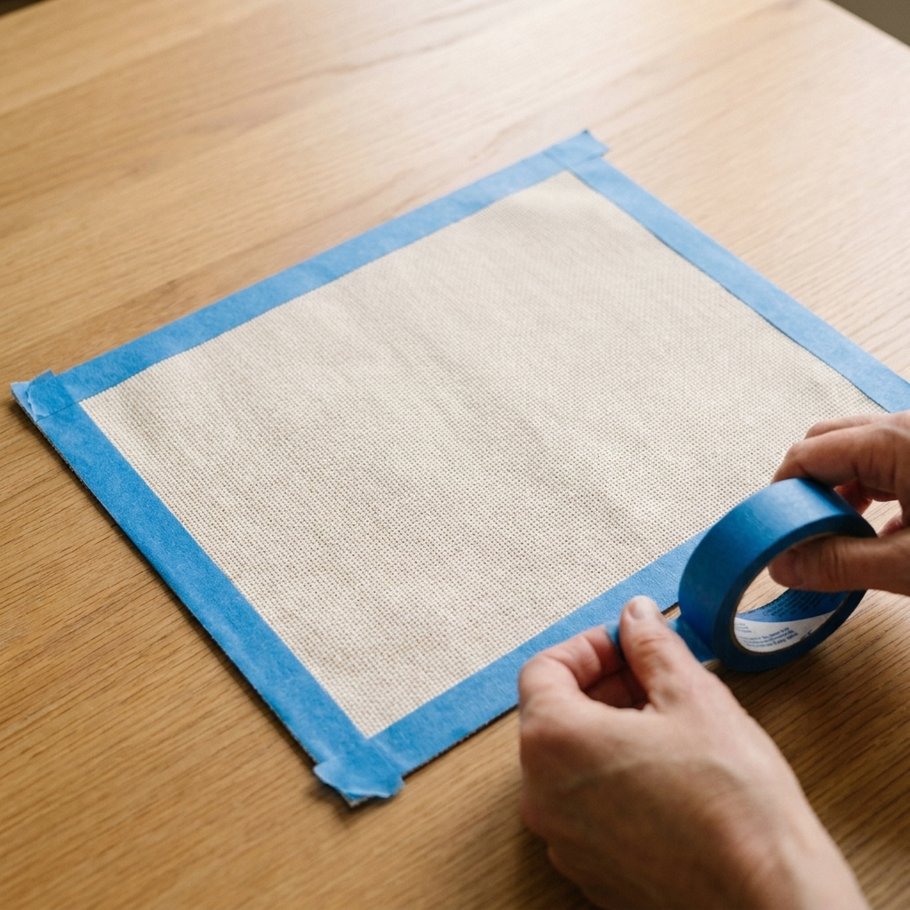 A photograph of a piece of Aida cloth with painter’s tape neatly applied along the raw edges to prevent fraying