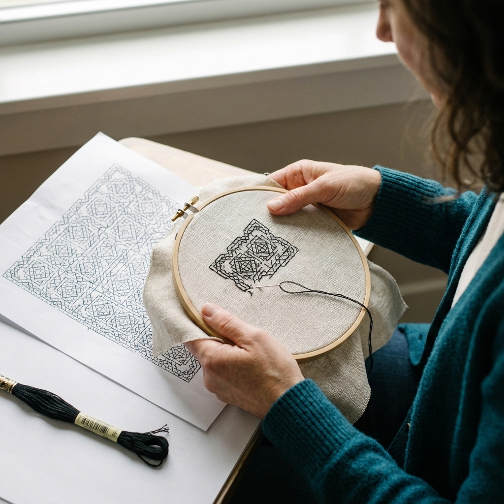 A photograph of a printed blackwork pattern chart beside an embroidery hoop with partially stitched geometric blackwork lines on light fabric, with a strand of black floss and a needle threaded