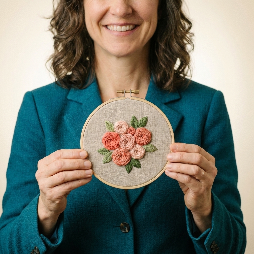A photograph of a small cluster of woven wheel roses in shades of coral and blush stitched on linen in an embroidery hoop, with a few green leaves nearby