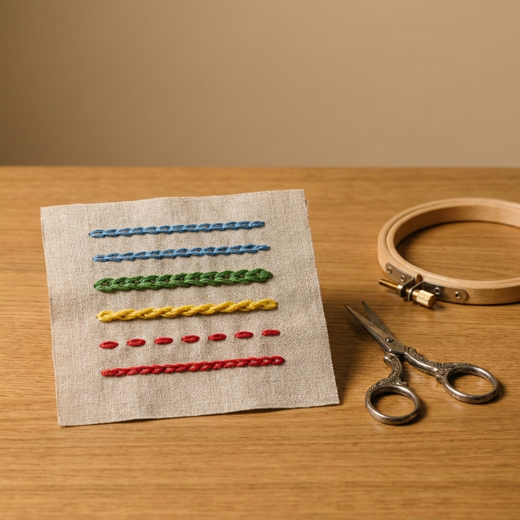A photograph of a small fabric sampler showing several chain stitch variations stitched in different colors, resting beside embroidery scissors and a hoop
