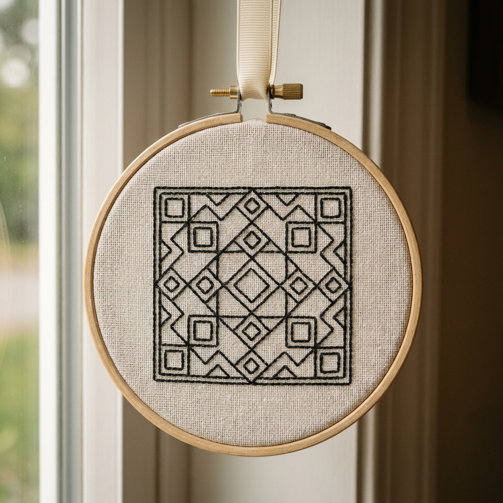 A photograph of a small finished blackwork piece in a wooden embroidery hoop hanging from a ribbon near a window, showing a crisp geometric stitched pattern on pale fabric