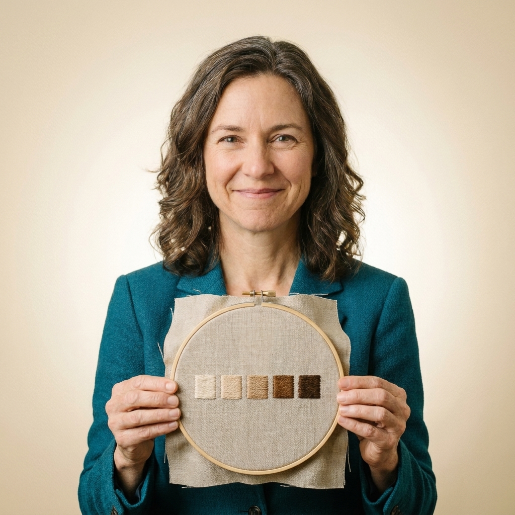 A photograph of a small linen practice swatch in an embroidery hoop showing several shaded rectangles in long and short stitch from light to dark