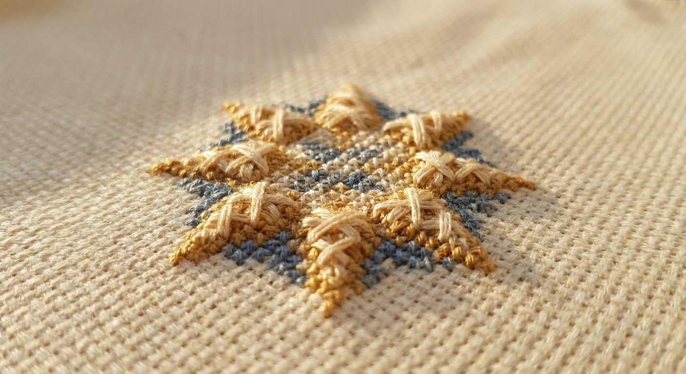 A photograph of a small stitched star motif on Aida fabric, with the star points formed by Smyrna crosses that look slightly raised compared to surrounding regular crosses