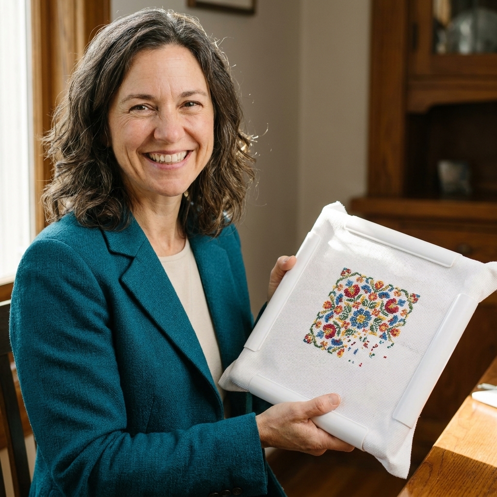 A photograph of a square plastic Q-Snap frame holding white Aida fabric with a colorful cross stitch pattern partly completed