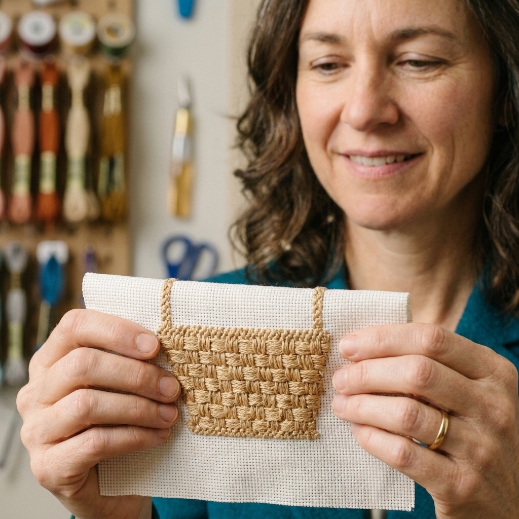 A photograph of a stitched basket motif where the basket body is filled with a woven stitch in tan floss, showing visible over-under texture on the fabric grid
