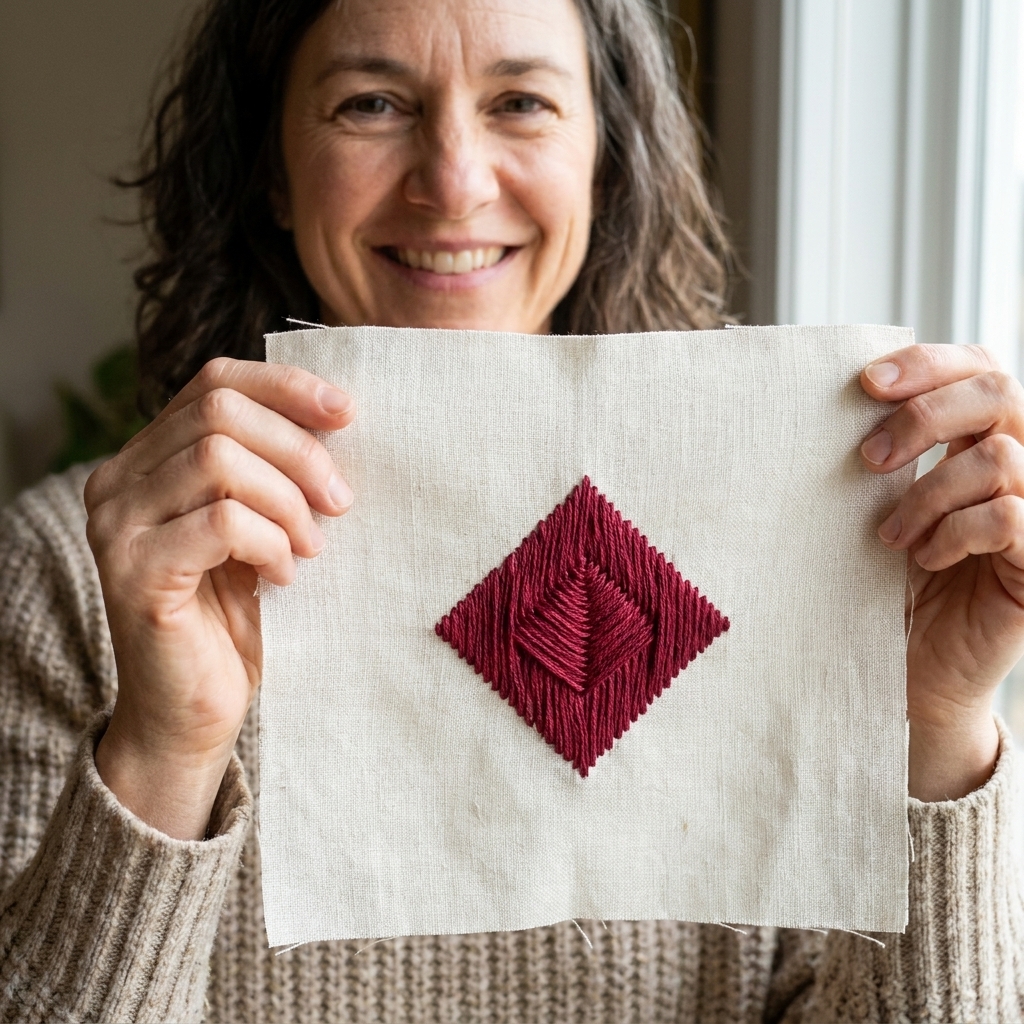 A photograph of a stitched diamond made with a Rhodes stitch in deep red floss on linen, showing a raised, smooth, layered texture at the center