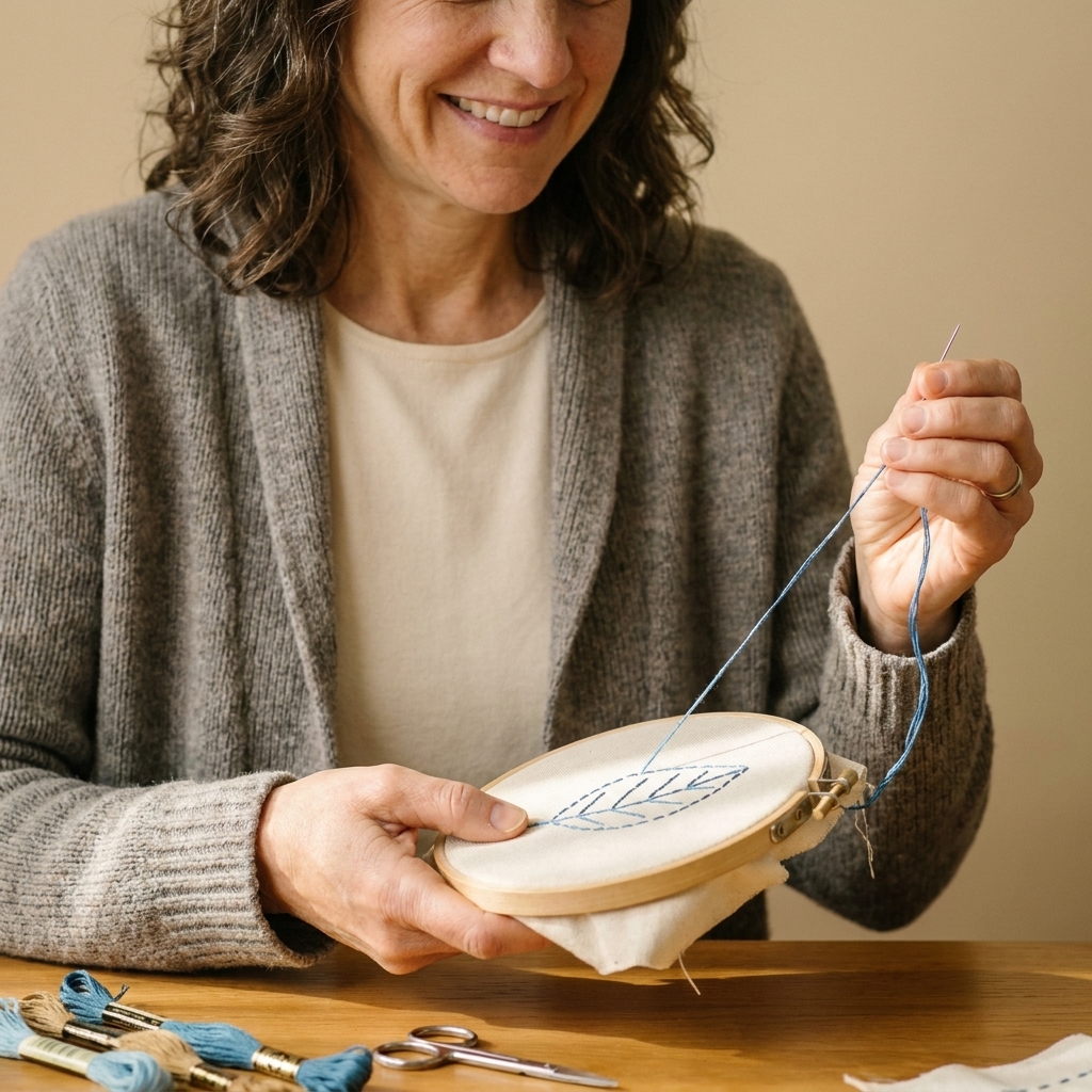 A photograph of a wooden embroidery hoop held in one hand while the other hand stitches a simple line design with embroidery floss