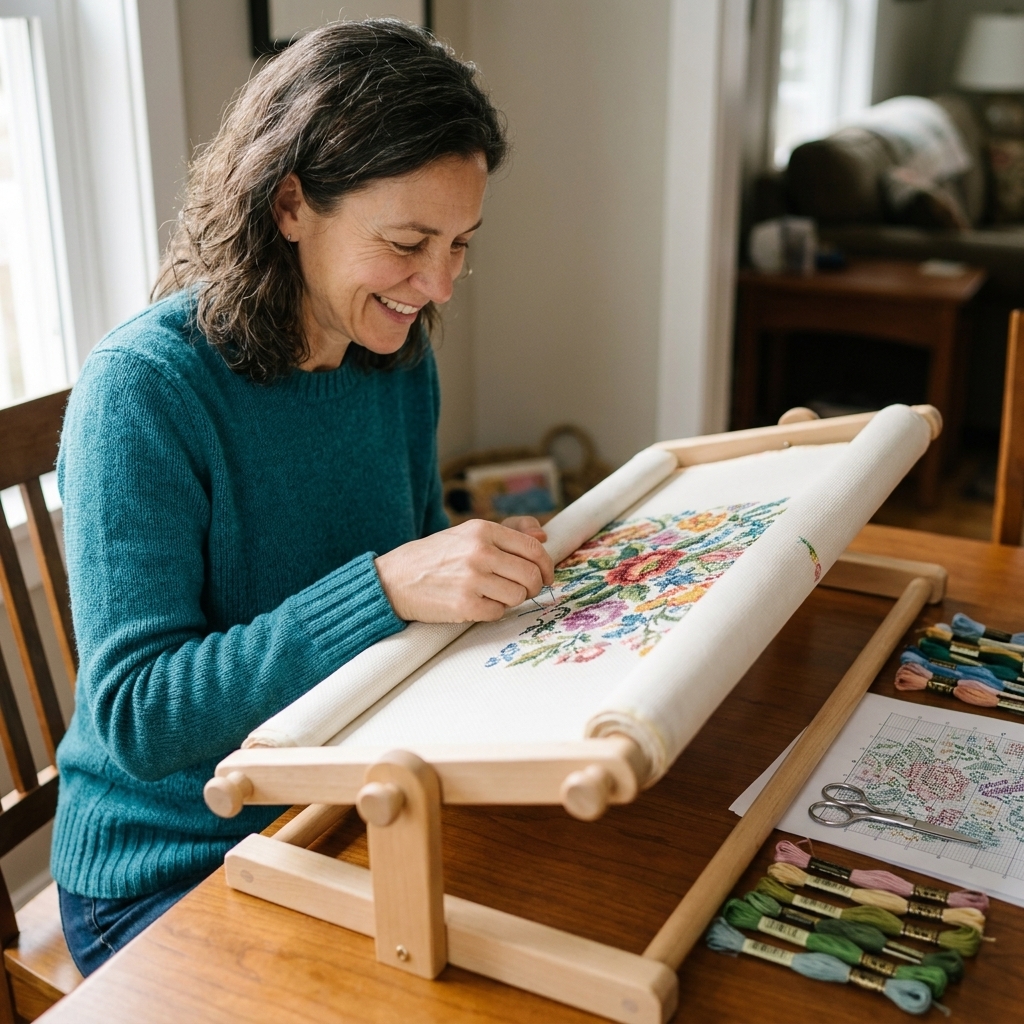 A photograph of a wooden scroll frame resting on a table with a large cross stitch project rolled onto the bars and the working area exposed