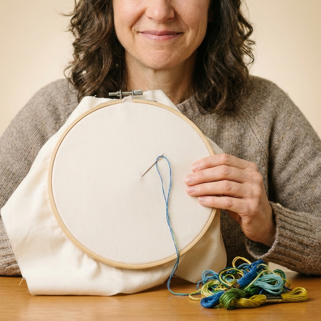 A photograph of an embroidery hoop holding smooth plain cotton fabric, with a threaded needle and a small pile of embroidery floss nearby