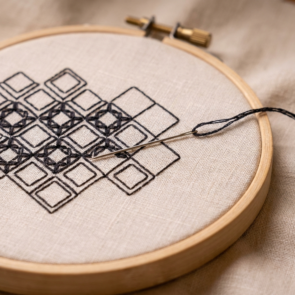 A photograph of an embroidery hoop with a partially completed blackwork design featuring repeating diamond shapes stitched in dark thread on pale fabric, with the needle resting on the cloth