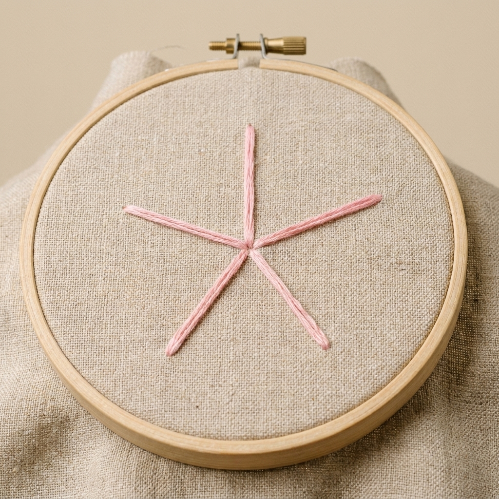 A photograph of an embroidery hoop with five straight stitch spokes radiating from a center point on natural linen, stitched in light pink floss