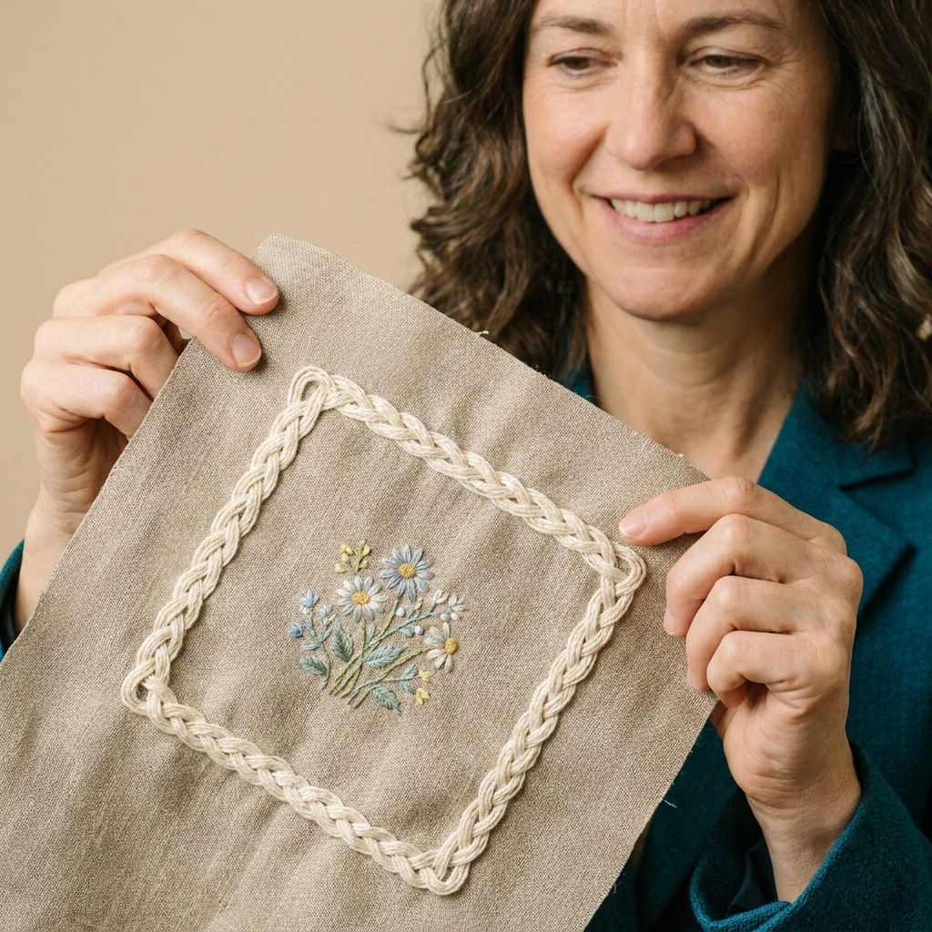 A photograph of cable chain stitch in creamy white thread stitched as a border around a small floral motif on tan linen