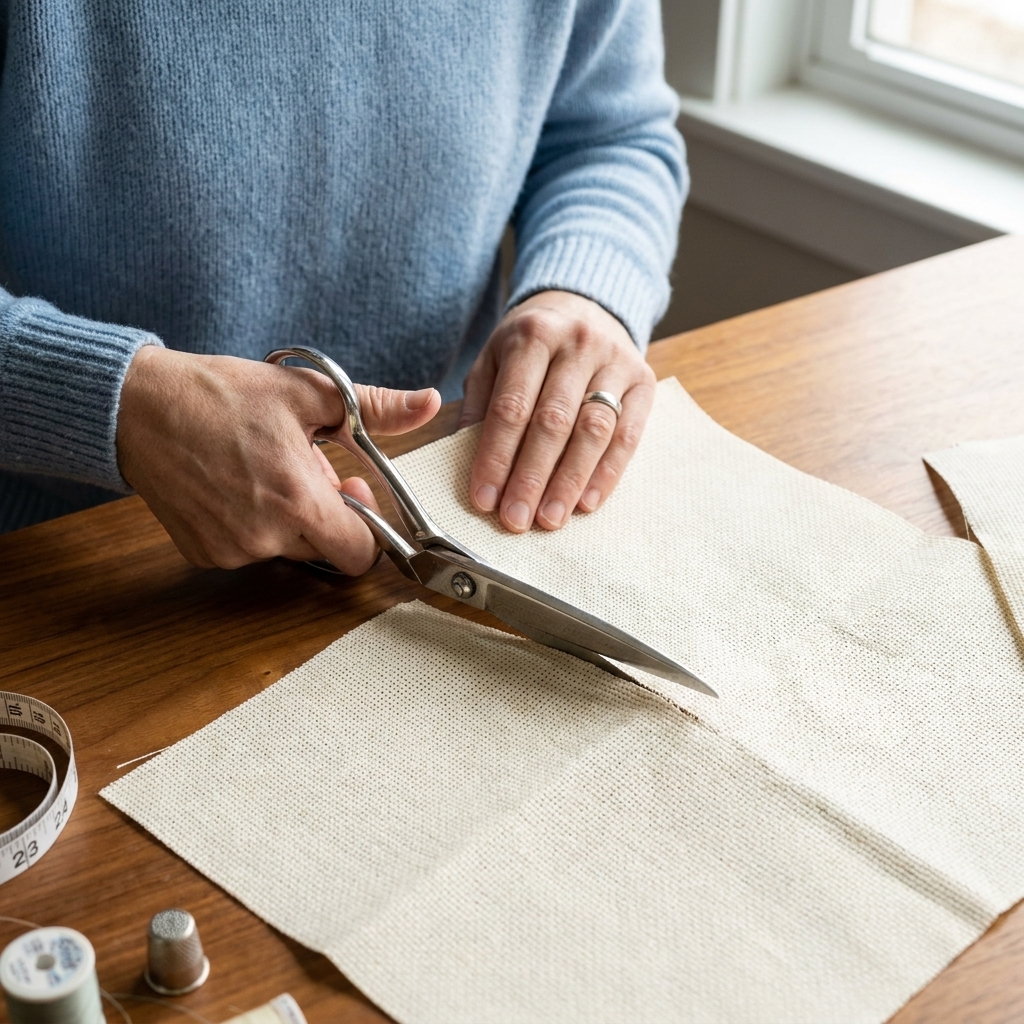 A photograph of hands cutting a piece of Aida cloth with fabric scissors on a flat table, with the fabric weave clearly visible