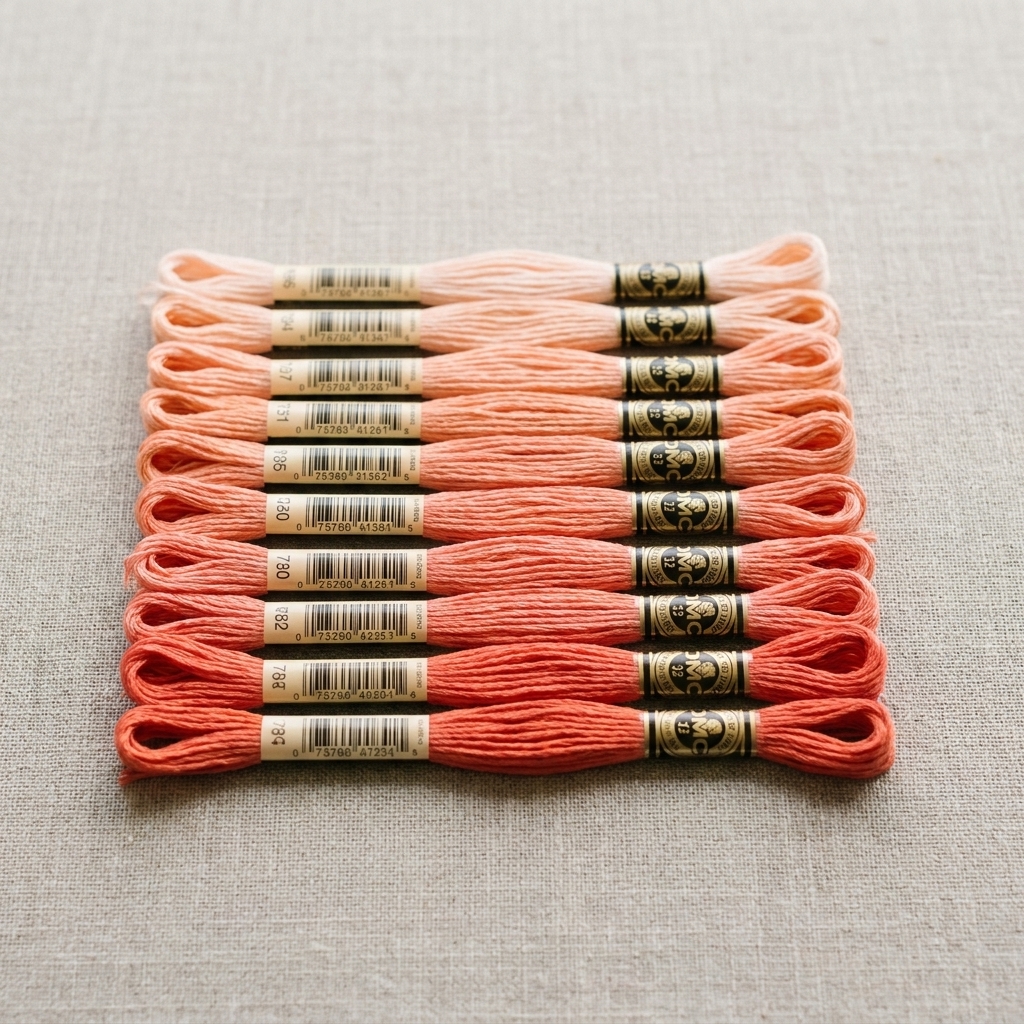A photograph of several strands of DMC embroidery floss laid in a neat gradient from very light peach to deep coral on a neutral linen background