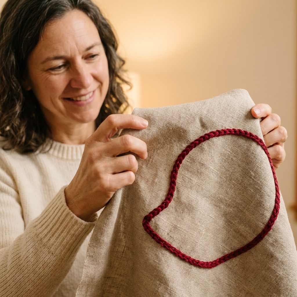 A photograph of thick heavy chain stitch worked in deep red floss outlining a curved shape on beige linen fabric