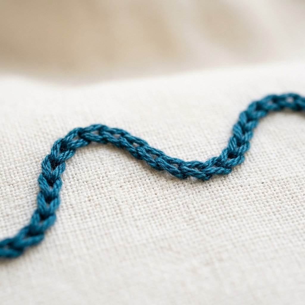 A photograph of twisted chain stitch in blue embroidery floss forming a wavy line on off-white fabric