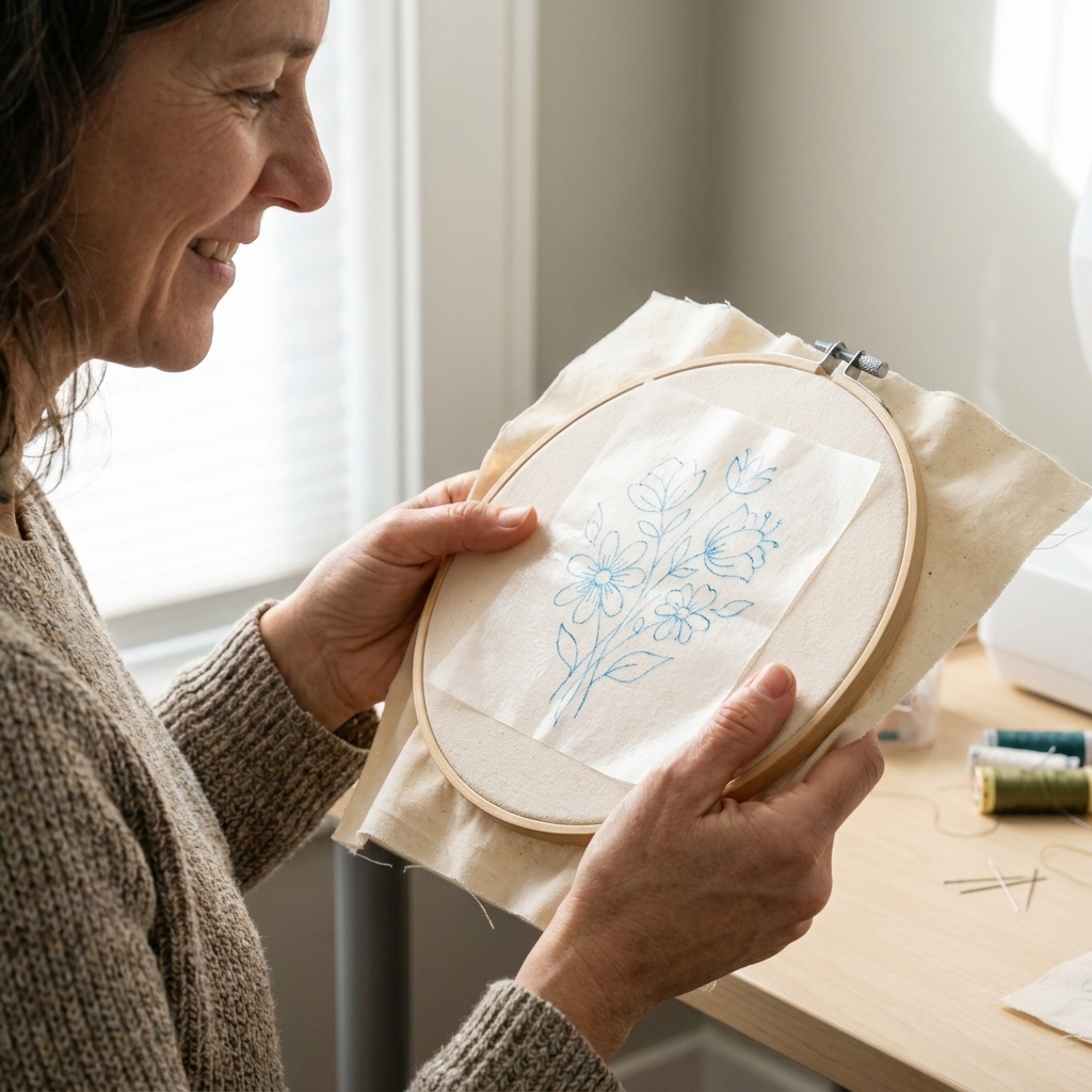 A piece of wash-away stabilizer with a floral pattern drawn on it adhered to cotton fabric in an embroidery hoop, ready to be stitched