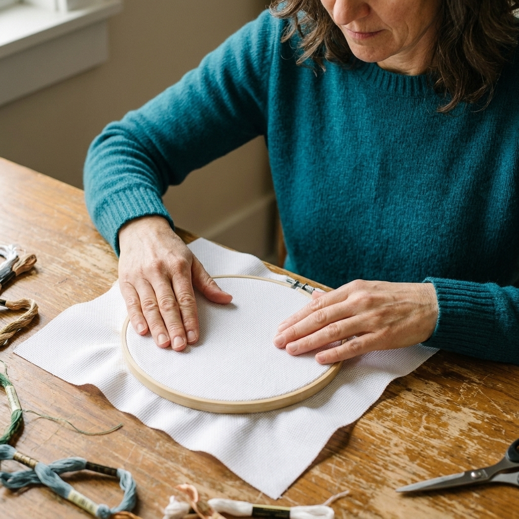 A piece of white Aida fabric centered over an inner embroidery hoop ring on a wooden table, with hands smoothing the fabric flat