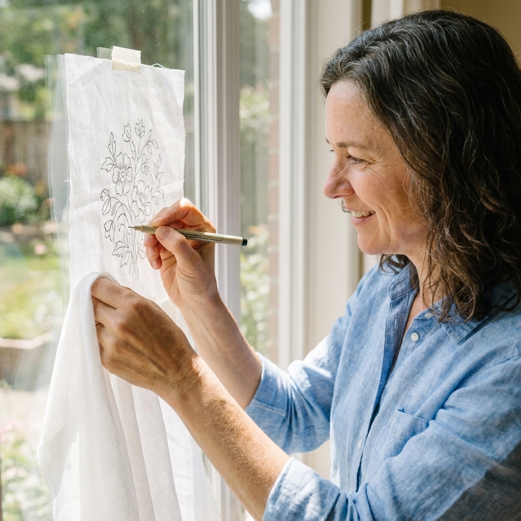 A piece of white cotton fabric taped over a printed embroidery pattern on a sunlit window, with a hand tracing the lines using a fine-tip pen